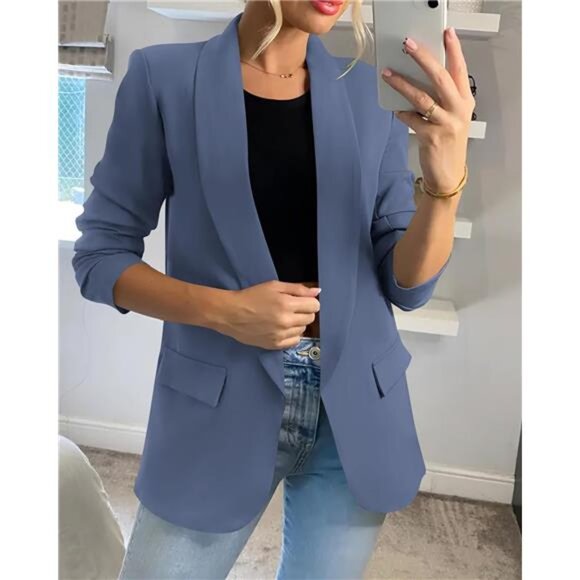 Womens Blazer Sleeve Open Front Jackets Blue - Picture 4 of 6